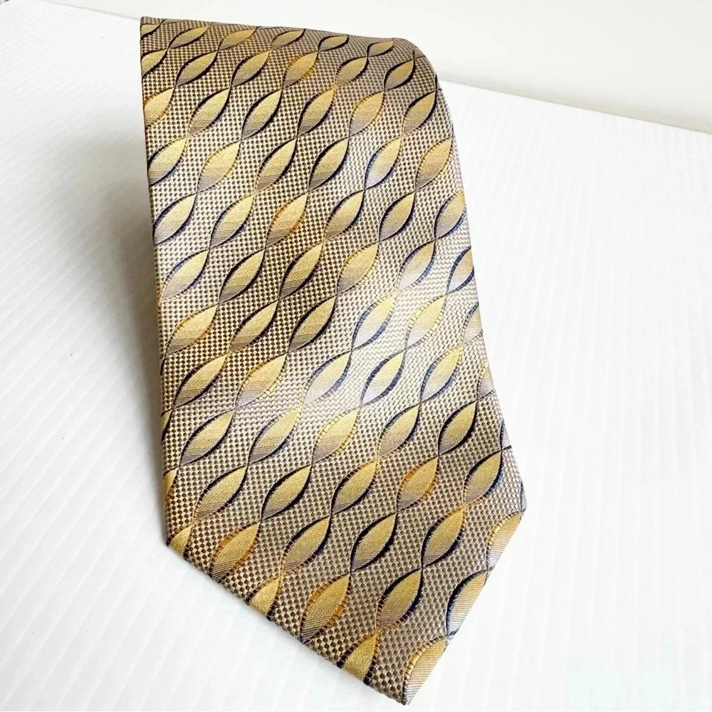 Vitorofolo Silk Tie Gold and Blue Geometric Print